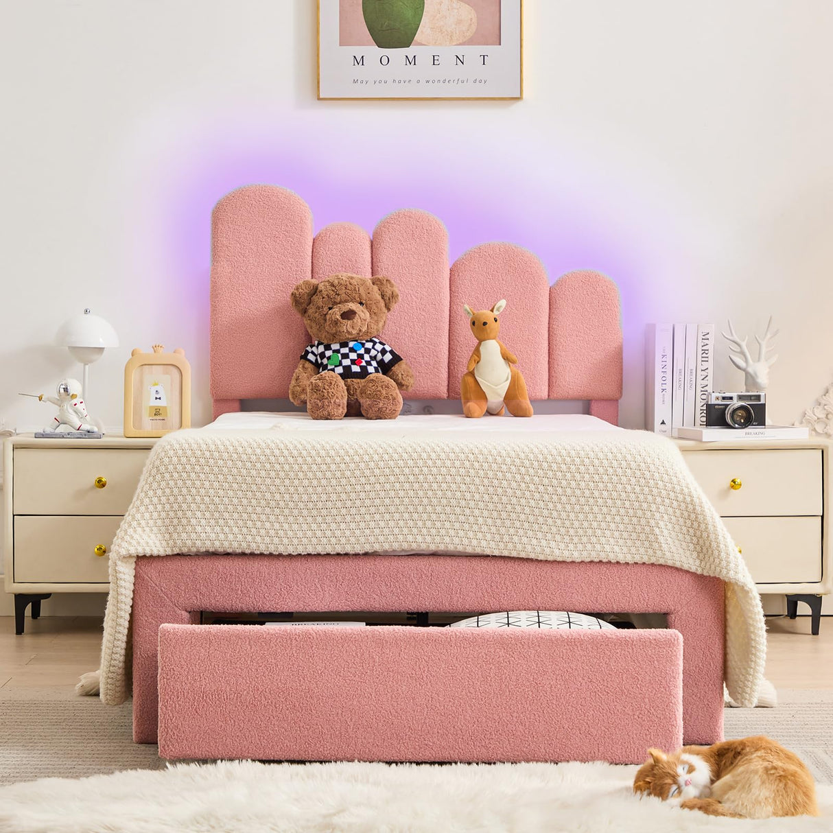 LED Twin Size Bed Frames - Boucle Upholstered Twin Bed Frame with Adjustable Headboard, Pink Platform Bed