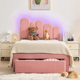 LED Twin Size Bed Frames - Boucle Upholstered Twin Bed Frame with Adjustable Headboard, Pink Platform Bed