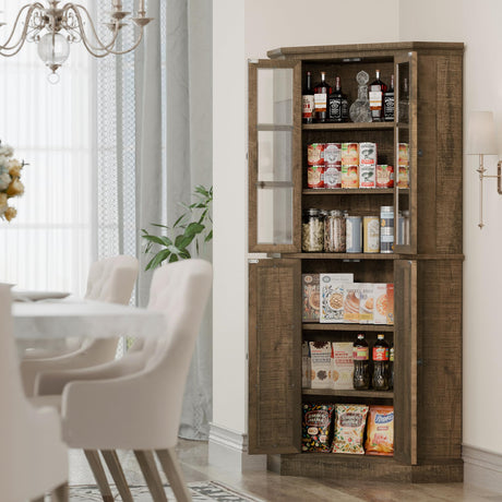 Corner Storage Cabinet, 67" Kitchen Corner Pantry Cabinet with Glass Doors, Farmhouse