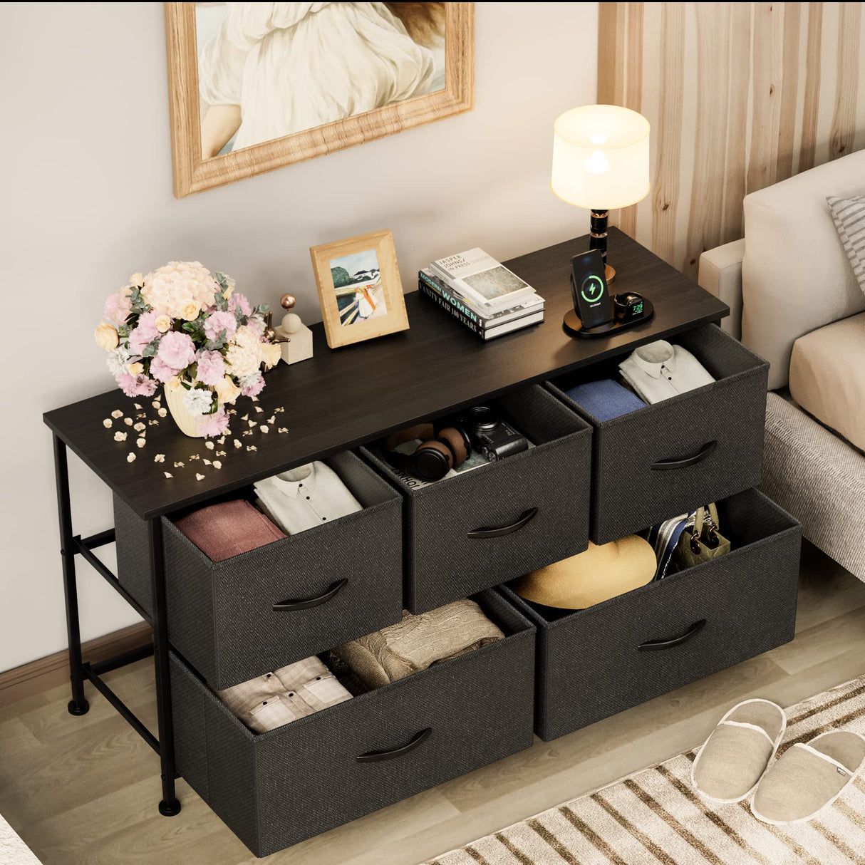 Fabric Dresser TV Stand for Bedroom with 5 Drawers, Wide Chest of Drawers