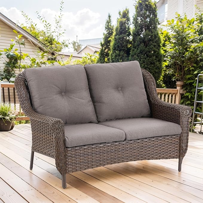 Patio Wicker Sofa Brown Rattan Loveseat Outdoor Couch