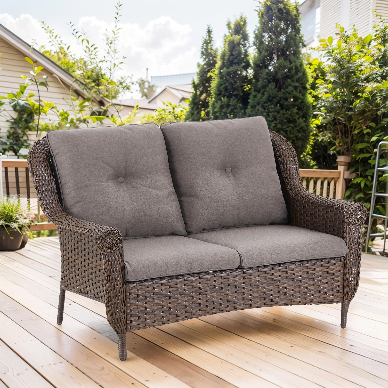 Patio Wicker Sofa Brown Rattan Loveseat Outdoor Couch