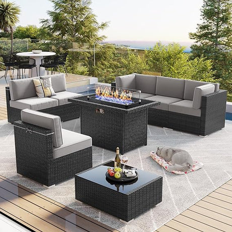 8 Pieces Outdoor Patio Furniture Set with 44" Fire Pit Table Brown Rattan