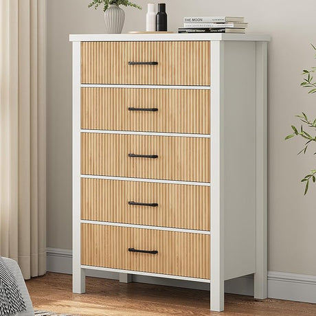 White Dresser 7 Drawer Dresser for Bedroom, Modern Fluted Dresser with Solid Wood