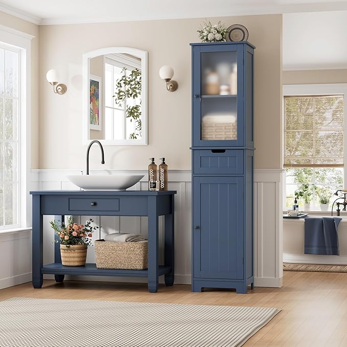 " Tall Bathroom Cabinet, Narrow Storage Cabinet, Freestanding Linen Cabinet with Doors