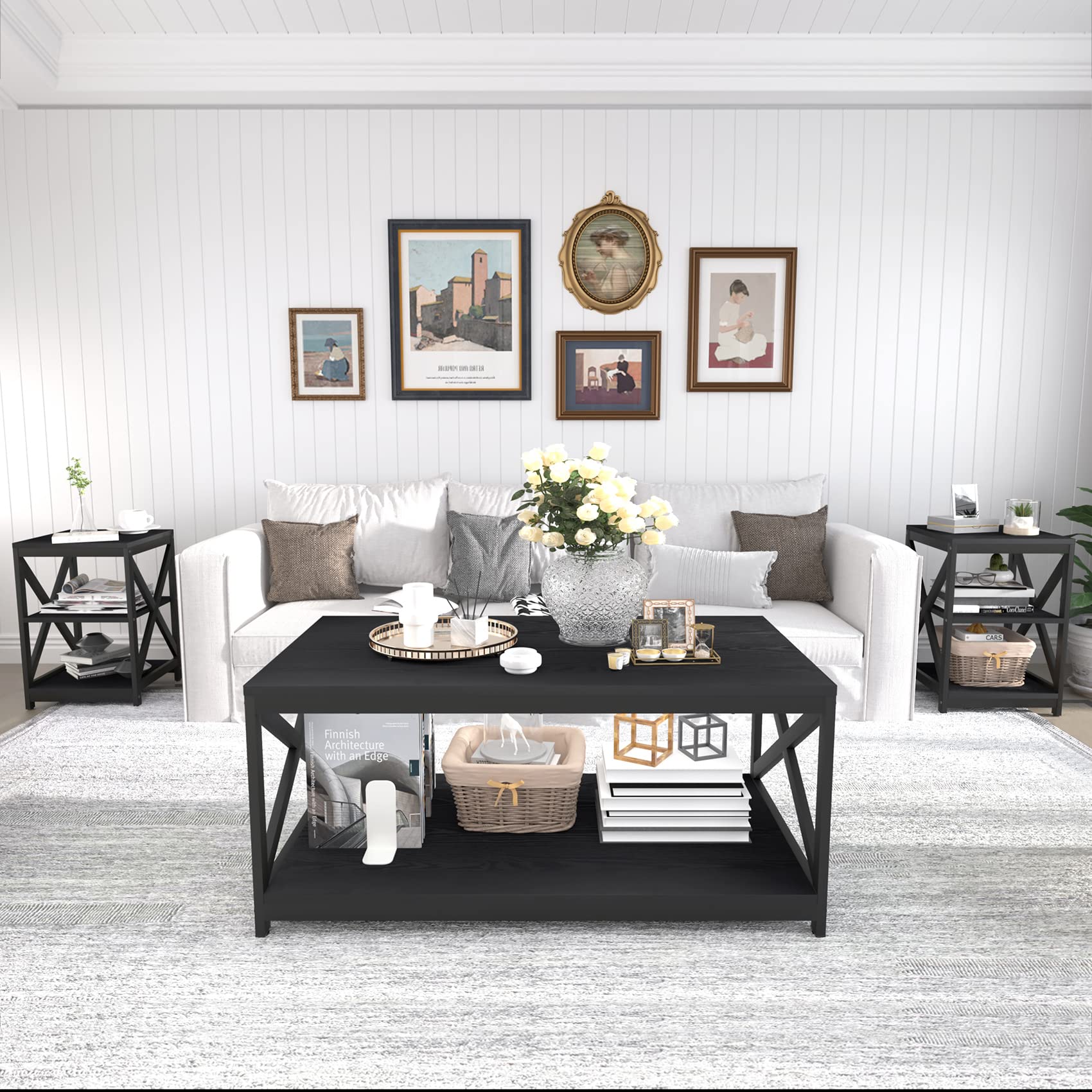 Living Room Coffee Table Set of 3, Industrial X-Design Coffee Table and 2 End Side