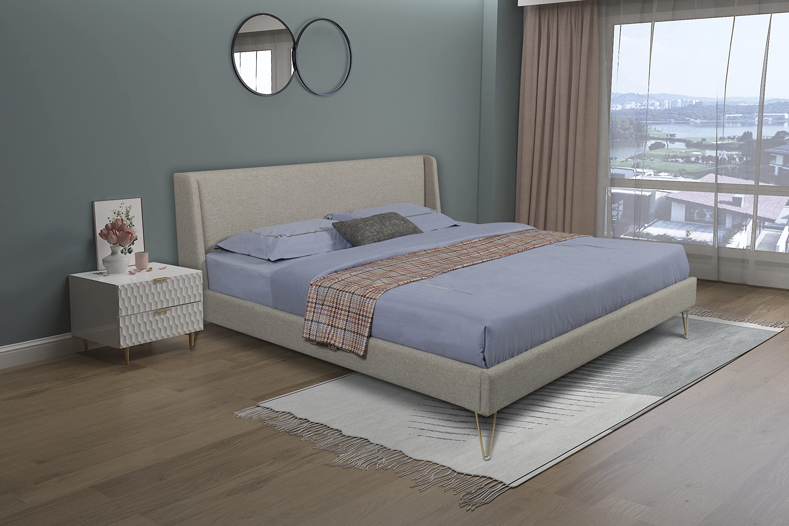 Upholstered Bed Frame with Unique Angled Brass Legs