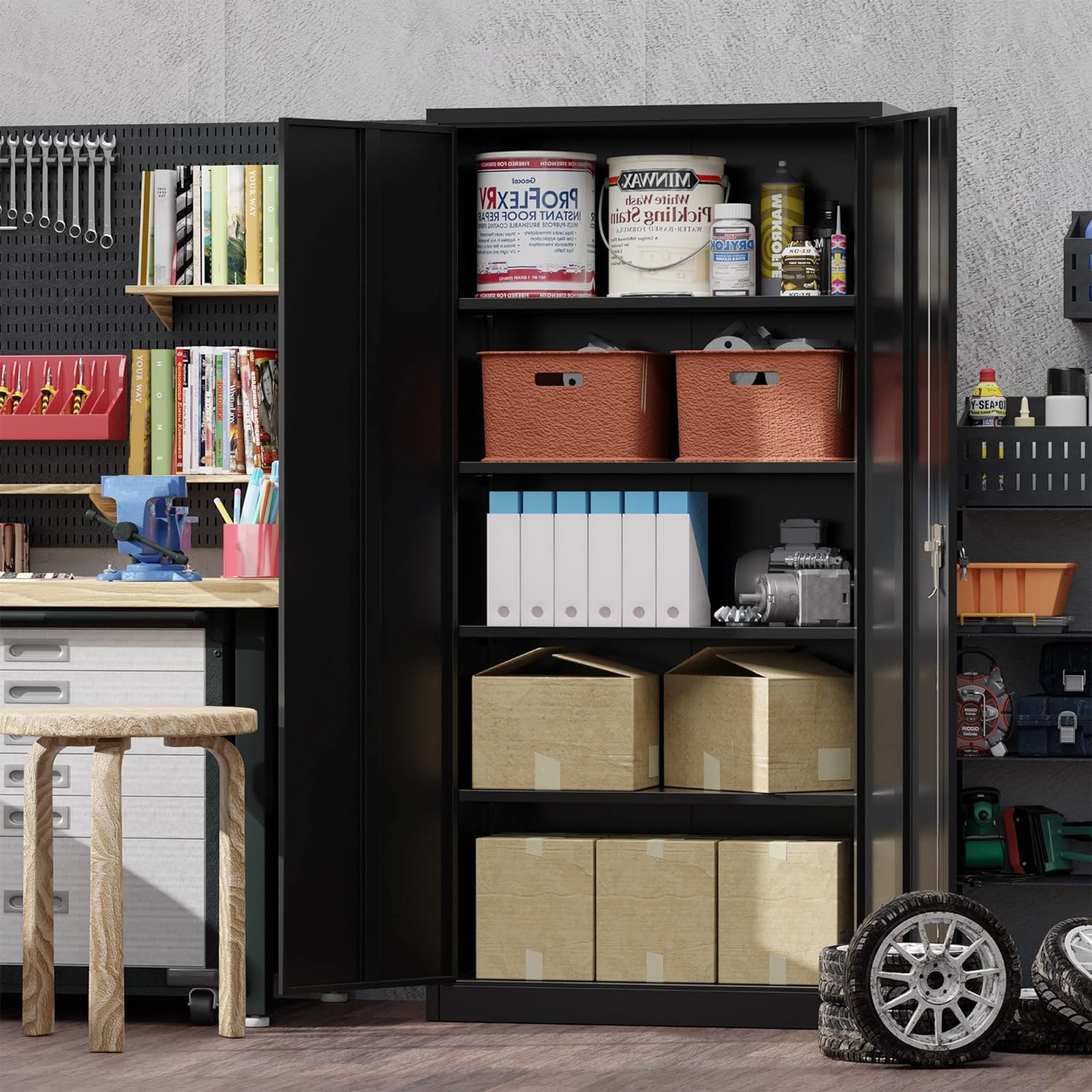 Metal Storage Cabinet with 5 Adjustable Shelves, Pantry Cabinet with 2 doors