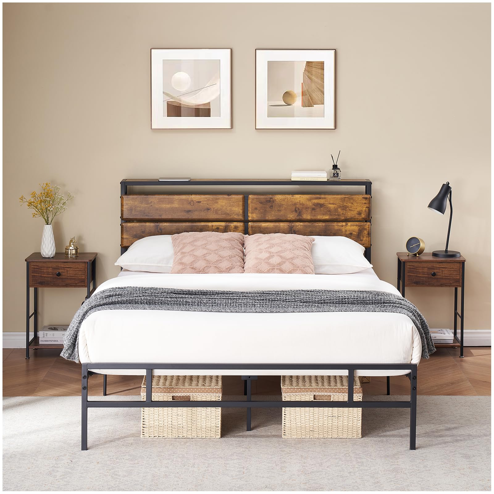 Queen Bed Frame, Queen Size Bed Frame with Vintage Wood Headboard