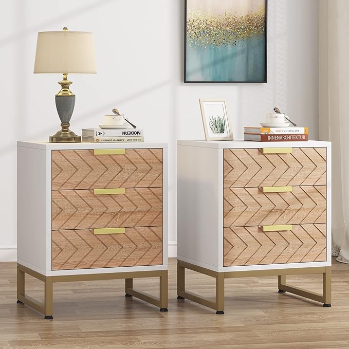 Tribesigns Nightstand Set of 2, Modern 3 Drawers Bedside Table with Unique Zig Zag Design, White Gold Side End Table Set of 2 for Bedroom