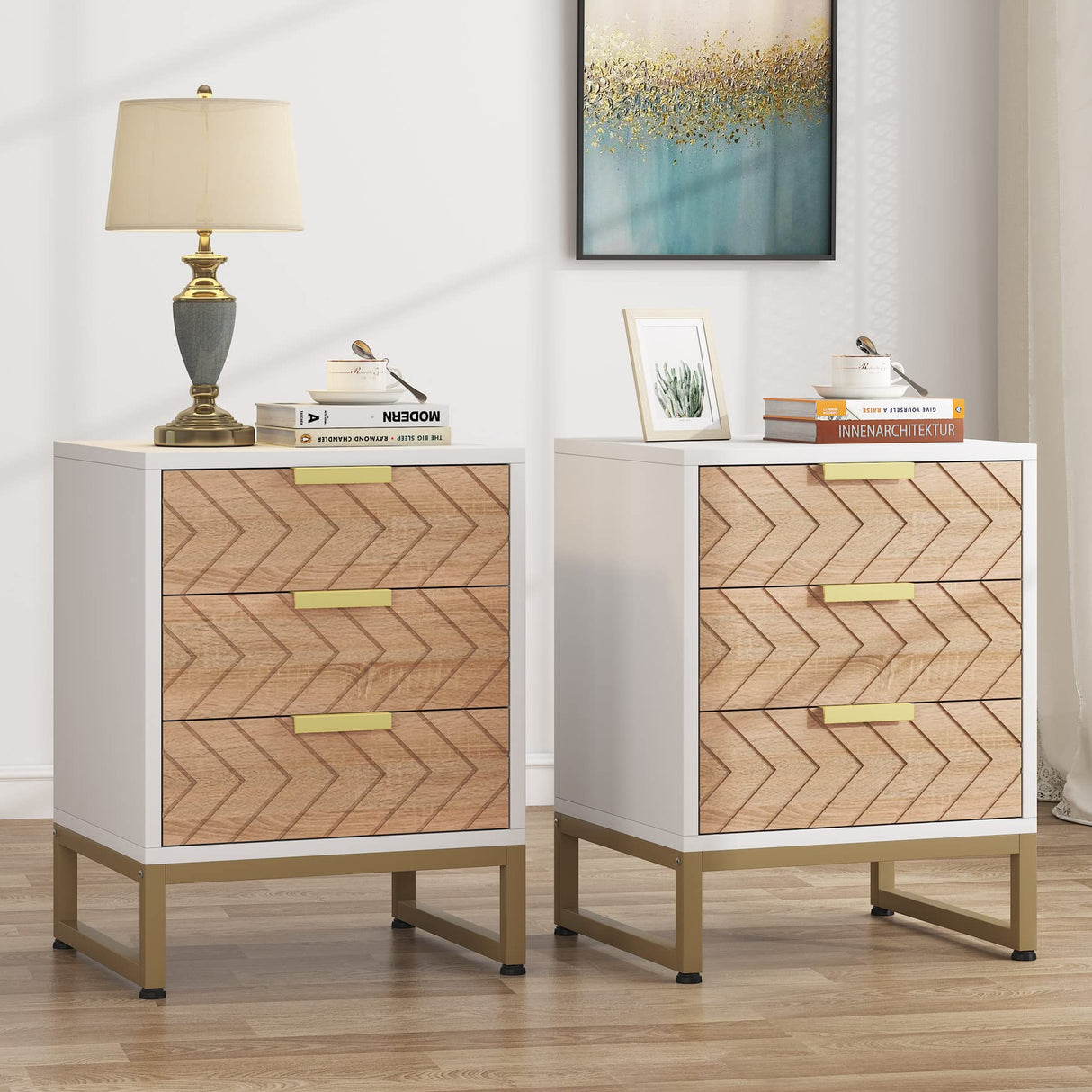 Tribesigns Nightstand Set of 2, Modern 3 Drawers Bedside Table with Unique Zig Zag Design, White Gold Side End Table Set of 2 for Bedroom