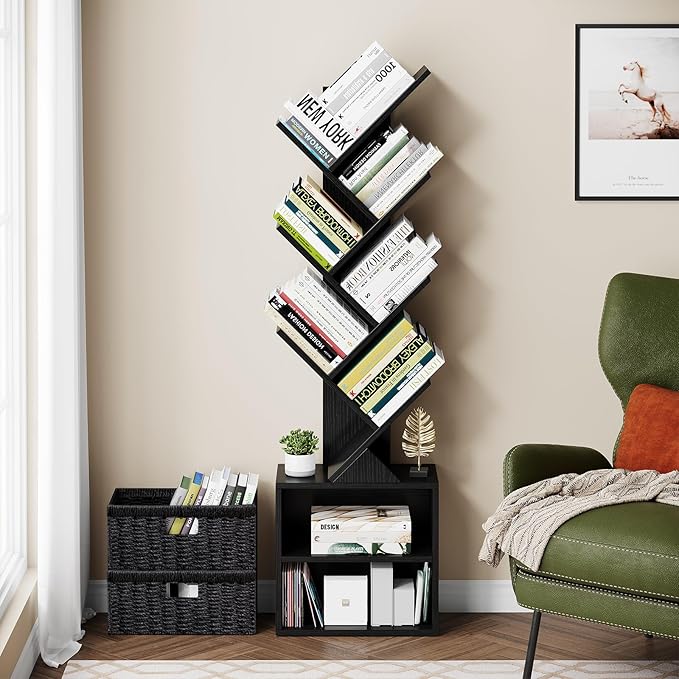 6 Tier Tree Bookshelf, Modern Floor Standing Bookcase with Storage Drawer, Space Saving Storage Organizer Book Shelves for Books, Tall Wood Storage Rack for Bedroom/Living Room/Home Office