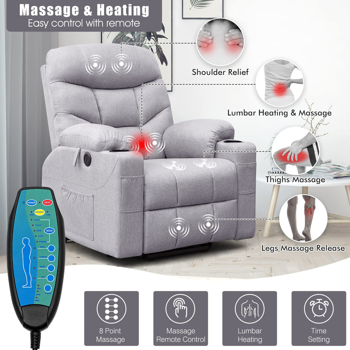 Electric Power Lift Recliner Chair Sofa for Elderly with Massage and Heat, Linen Fabric