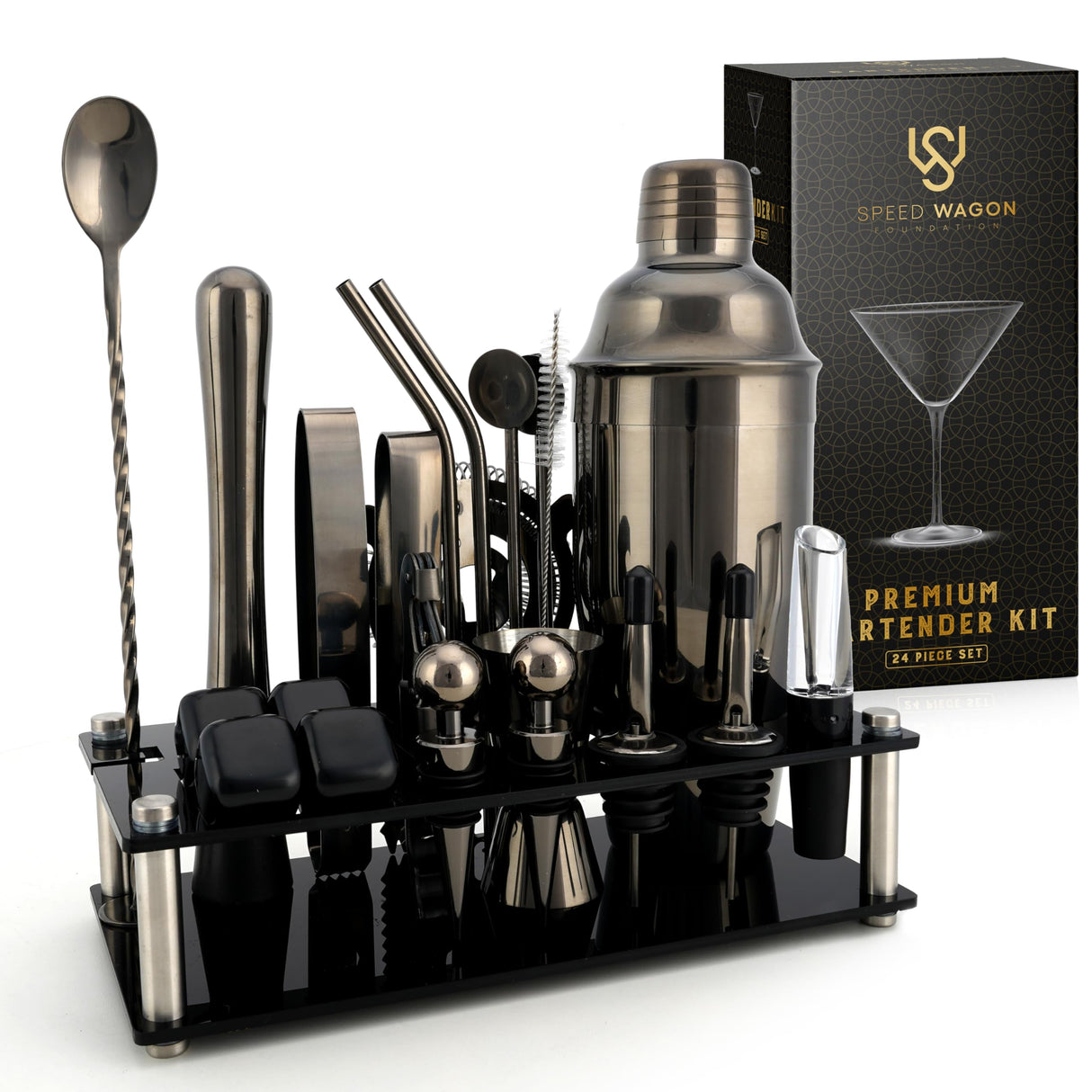 Mixology Bartender Kit – 24 Piece Gun Metal Cocktail Shaker Set w/Stand – Essential Home