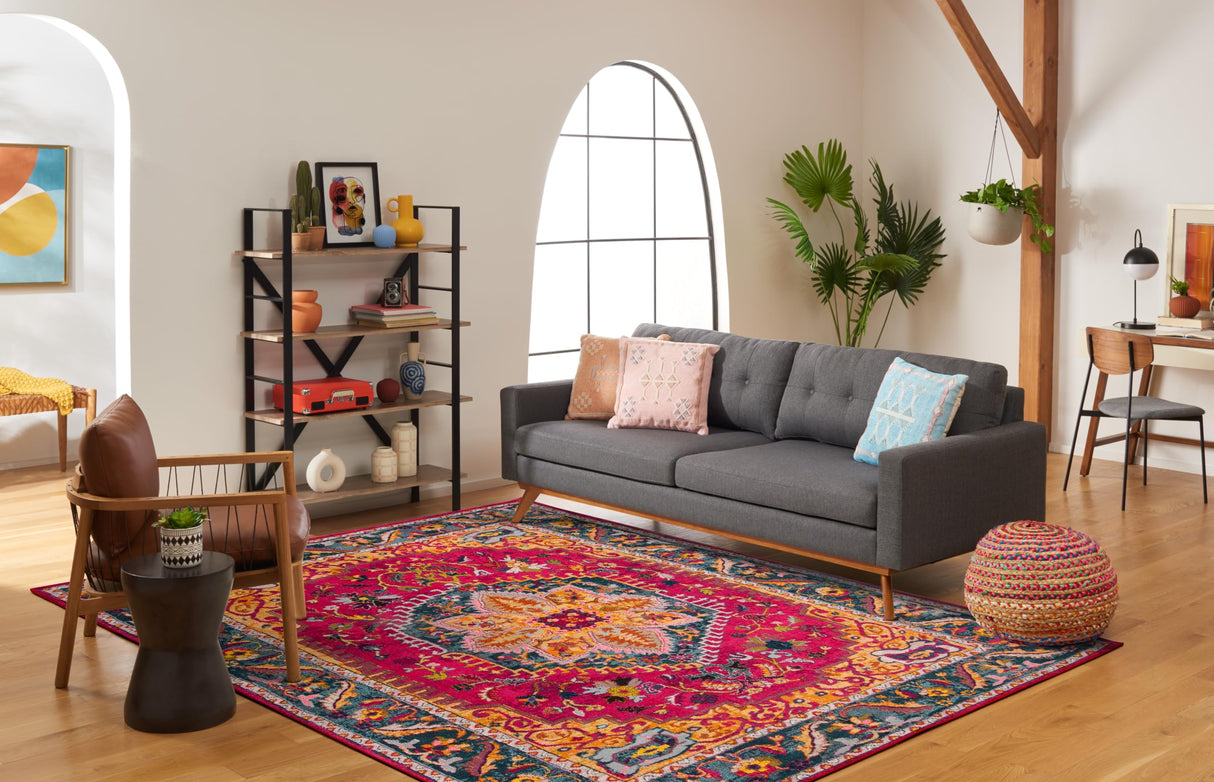 Phoenix Collection Area Rug 10' x 14' - Fuchsia Blue Boho Oriental Medallion