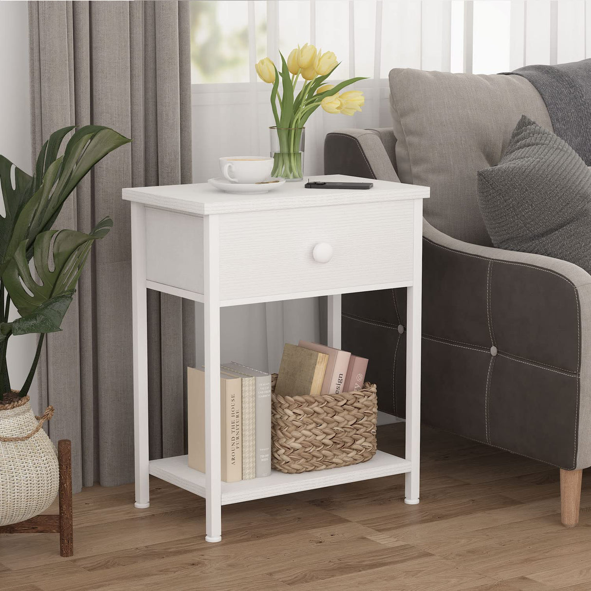 White Nightstands Set of 2, Small Night Stand with Drawer and Shelf Storage End Table for Bedroom