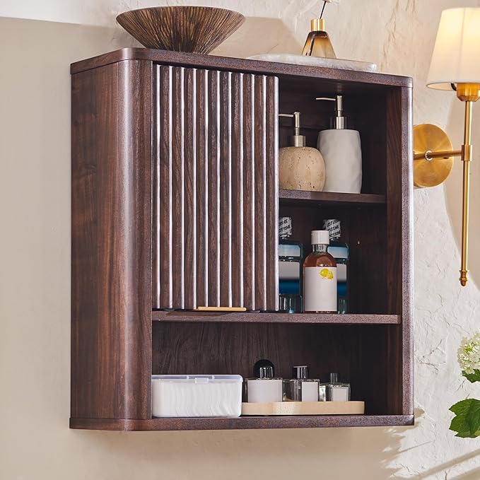 Bathroom Wall Cabinet w/Fluted Sliding Door, Modern Medicine Cabinet w/Faux Marble