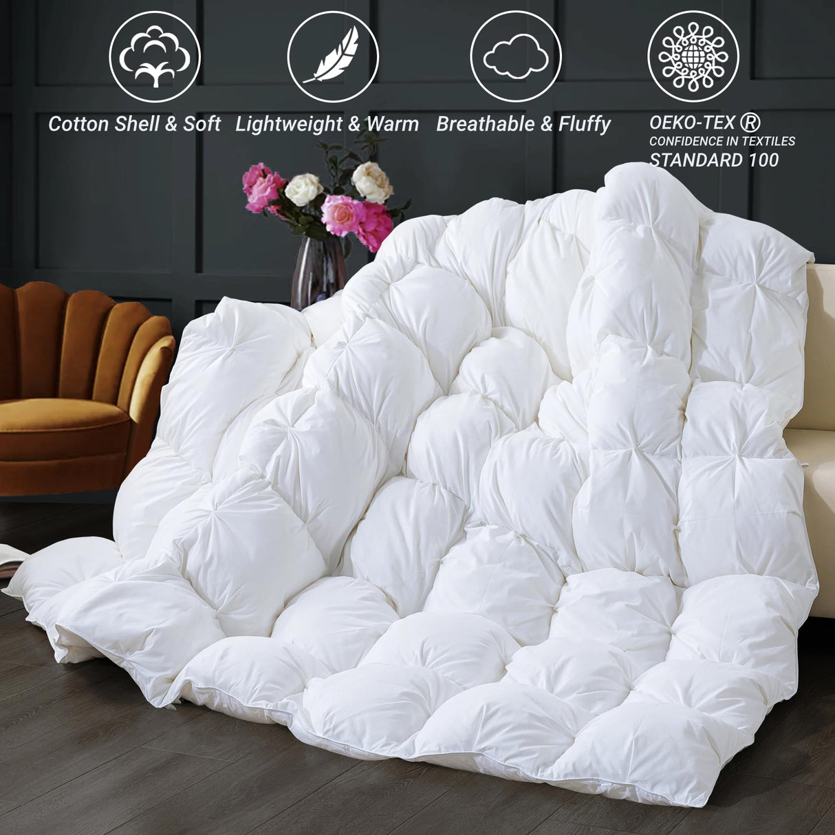 QUEEN® Feather Comforter King Size Duvet Insert, Luxury Fluffy White Pinch Pleat Design - All Season Hotel Collection Cotton Bed Comforter with 8 Tabs, King 106x90 Inches