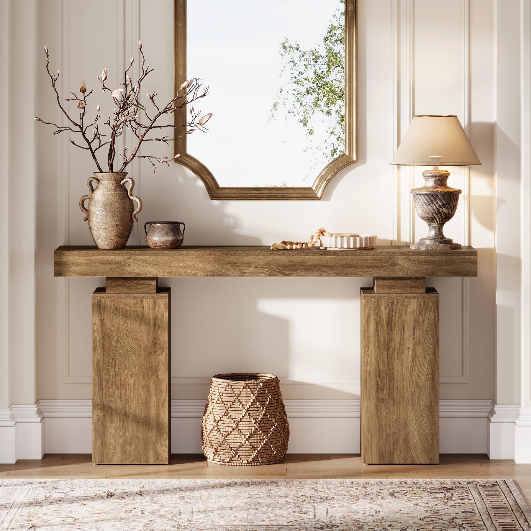 63-Inch Farmhouse Console Table - Natural Wood Finish