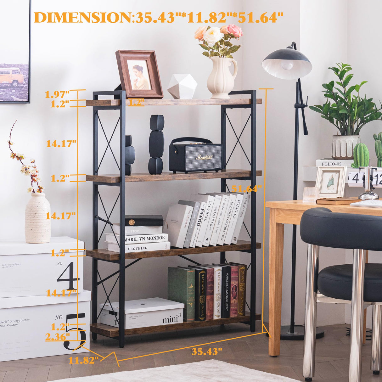 HCHQHS Bookshelf, 4-Tier Industrial Bookcase, Rustic Open Book Shelf, Freestanding Tall Bookshelves with Metal Frame