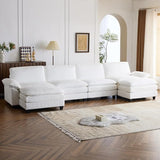 Sectional Sofa Modular Deep Seat Sofa Couch with Ottoman, Corduroy Sofa Sleeper Comfy Upholstered Furniture for Living Room, Apartment, Studio, Office, (4-Seat & 1-Ottoman, White)