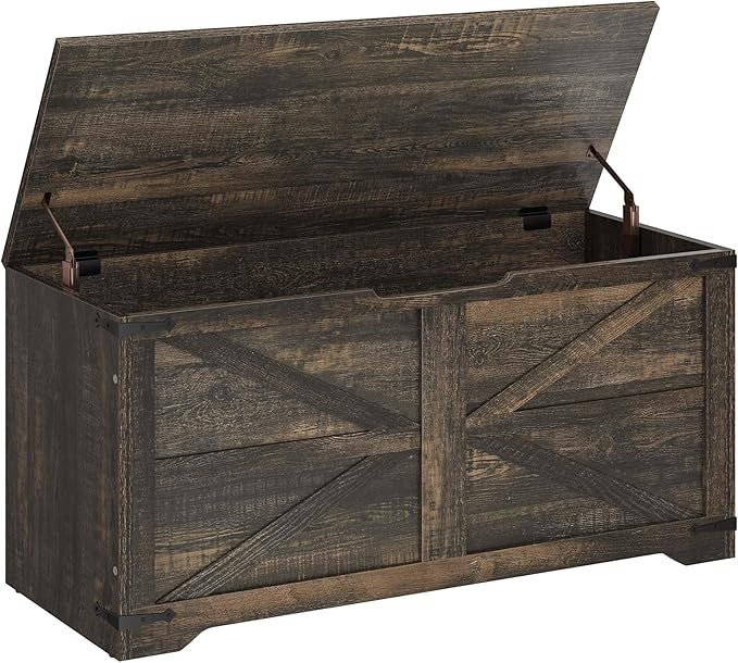 Storage Bench, 47.2" Farmhouse Storage Chest with 2 Safety Hinges