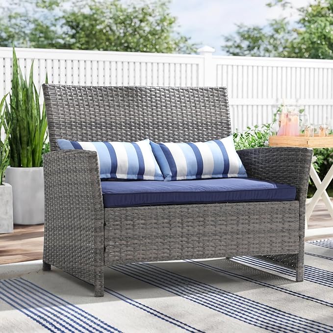 Outdoor Wicker Loveseat with Cushions, 2 Seats Patio PE Rattan Sofa