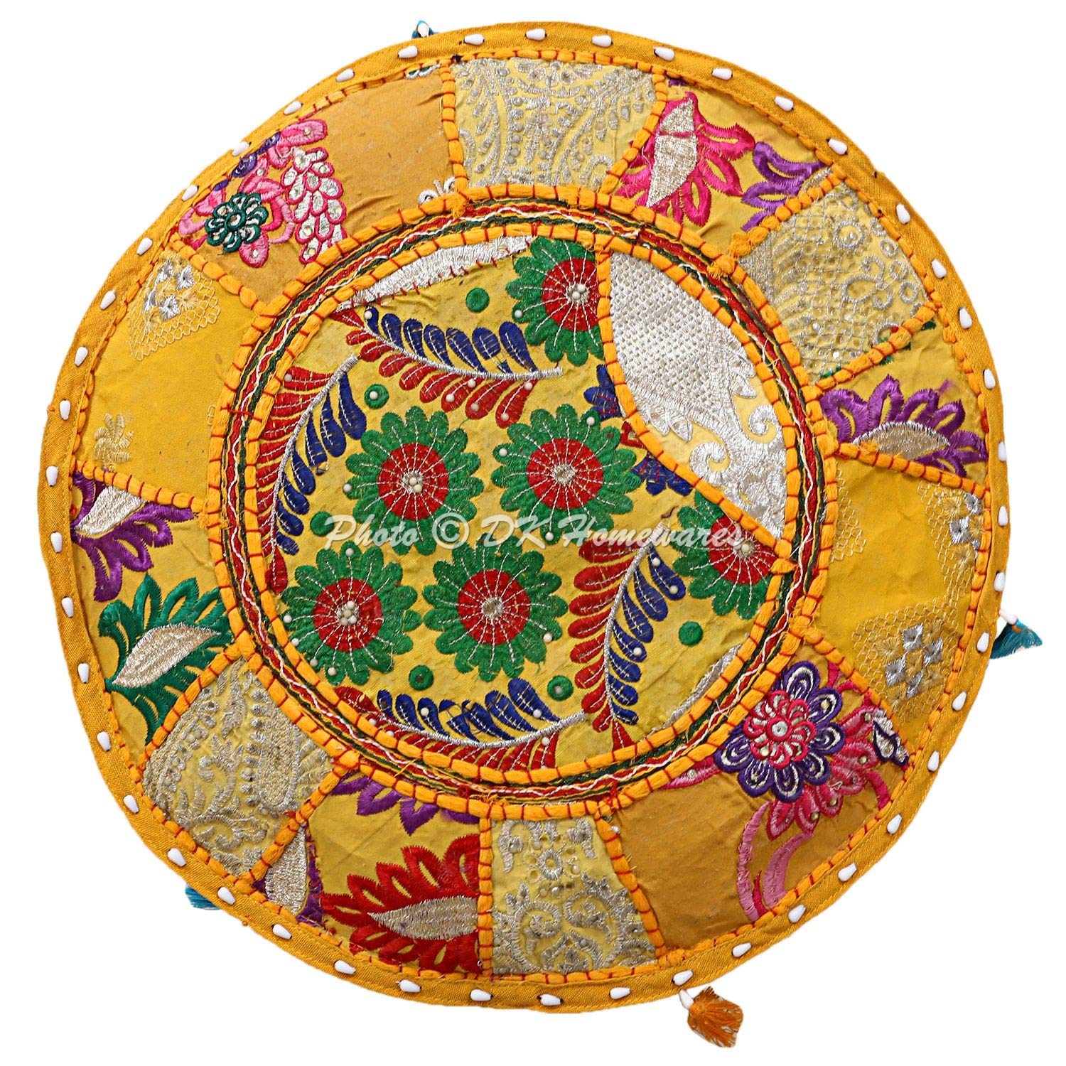 Indian Vintage Patchwork Pouffe Floor Cushion Mango Yellow Round Foot Stool Decorative