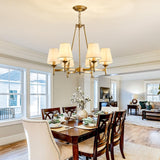 Gold Wagon Wheel Chandelier with White Linen Shade 6-Light Industrial Ceiling Light