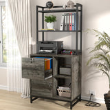 Filing Cabinet with Lock & Charging Station, Large Drawer Wood File Cabinet with Bookshelf, Printer