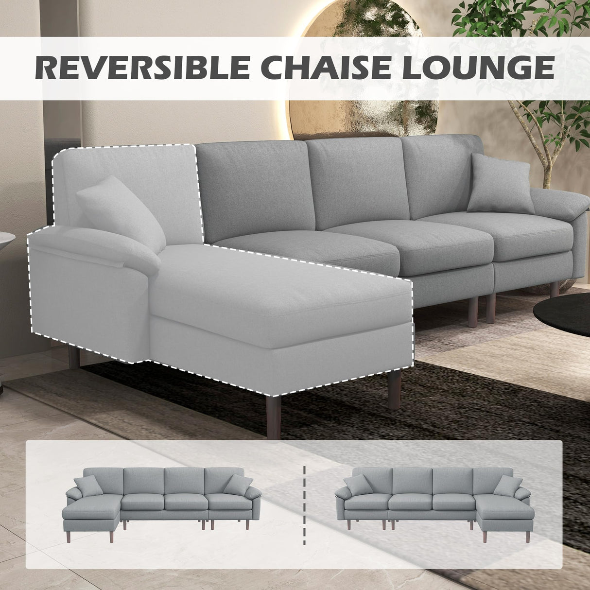 Fabric Sectional Couch with Reversible Sleeper Sofa, Modern L Shaped Sectional Sofa with Pillows, Wooden Legs for Living Room, Apartment and Office, Gray