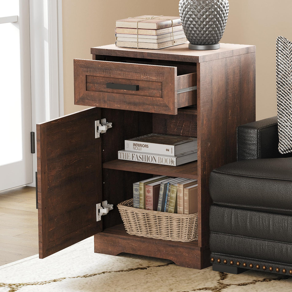 End Table with 1 Drawer & Barn Door, Farmhouse Large Sofa Side Table