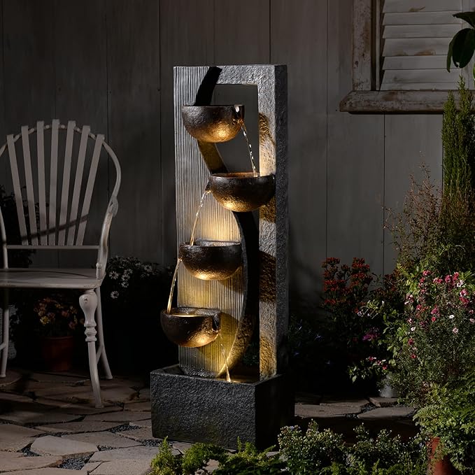 6-Tier Water Fountains Outdoor - 52.8 Inch Large Patio Waterfall with Lights, Garden