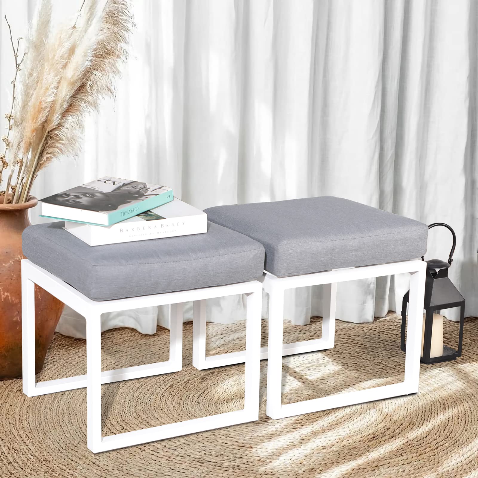 Outdoor Ottomans for Patio Set of 2, Assembled Aluminum Outdoor Footstool