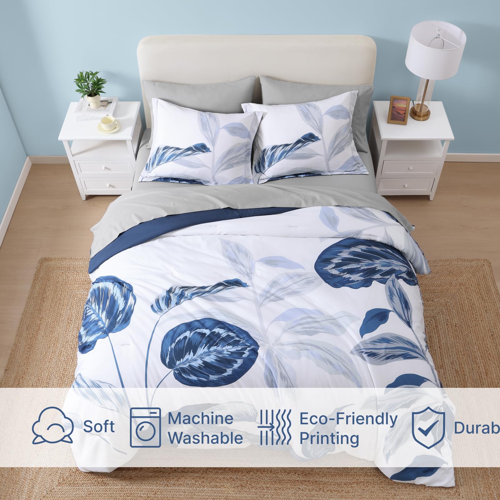 Queen Comforter Set - 7 Piece Blue Tropical Leaves Bedding Collection