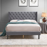 Queen Size Bed Frame,Velvet Button Tufted-Upholstered Bed with Wingback Headboard