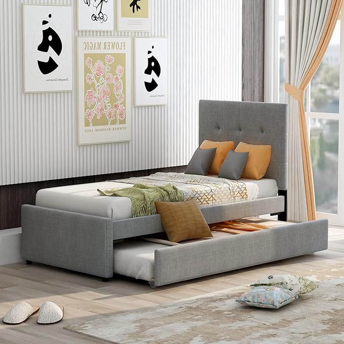 l Size Linen Upholstered Platform Bed Frames with Quiet Trundle Bed, Mid-Century Modern