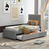 l Size Linen Upholstered Platform Bed Frames with Quiet Trundle Bed, Mid-Century Modern