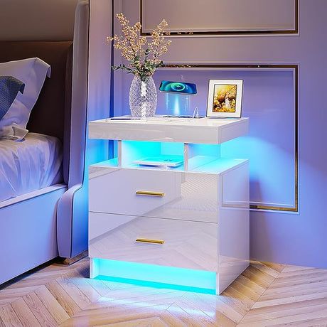 LED Nightstand with Charging Station (USB,Type-C Ports) High Gloss Bedside Table with 2