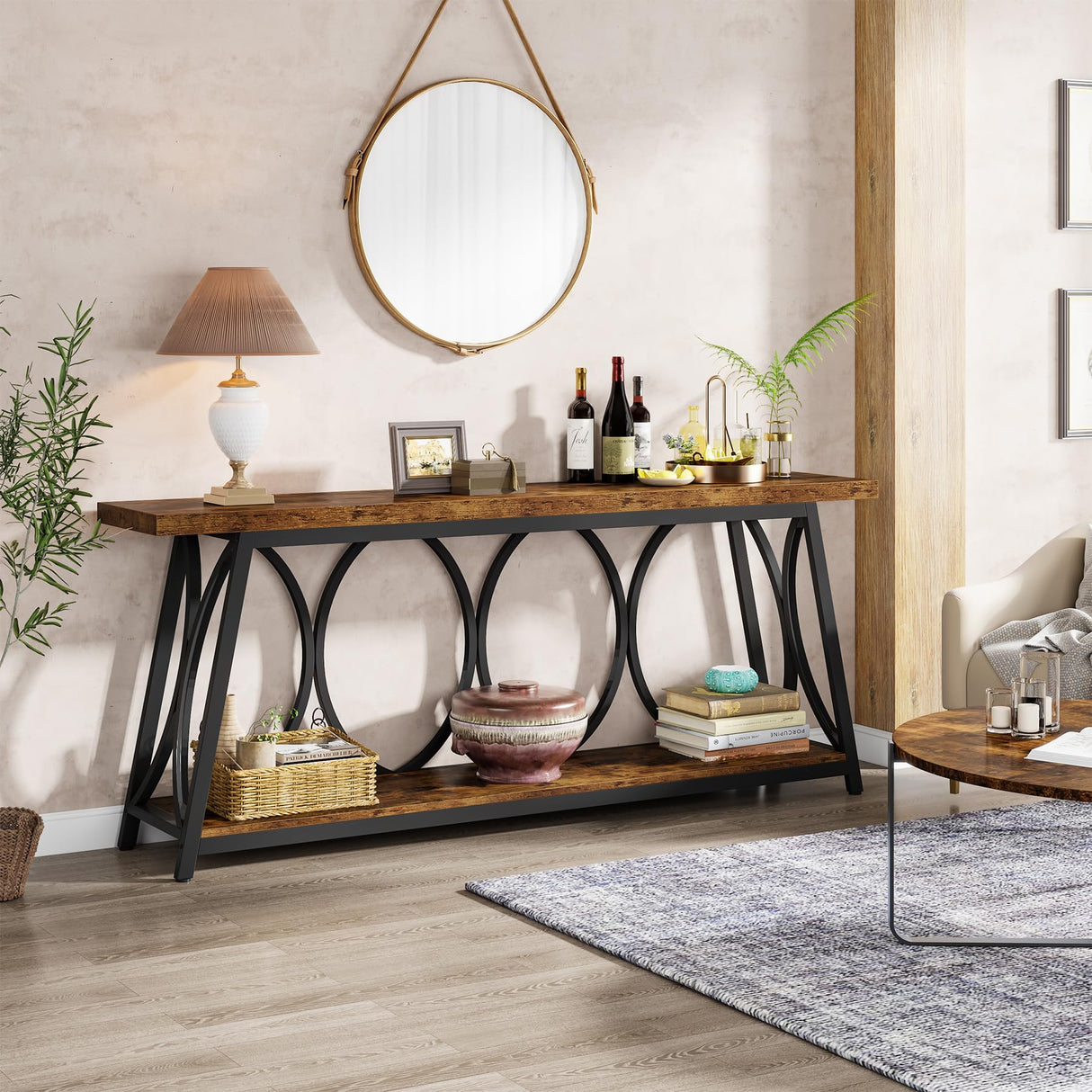 70.9 inch Extra Long Console Table, Industrial Sofa Table Behind Couch with 2 Tier Storage Shelf