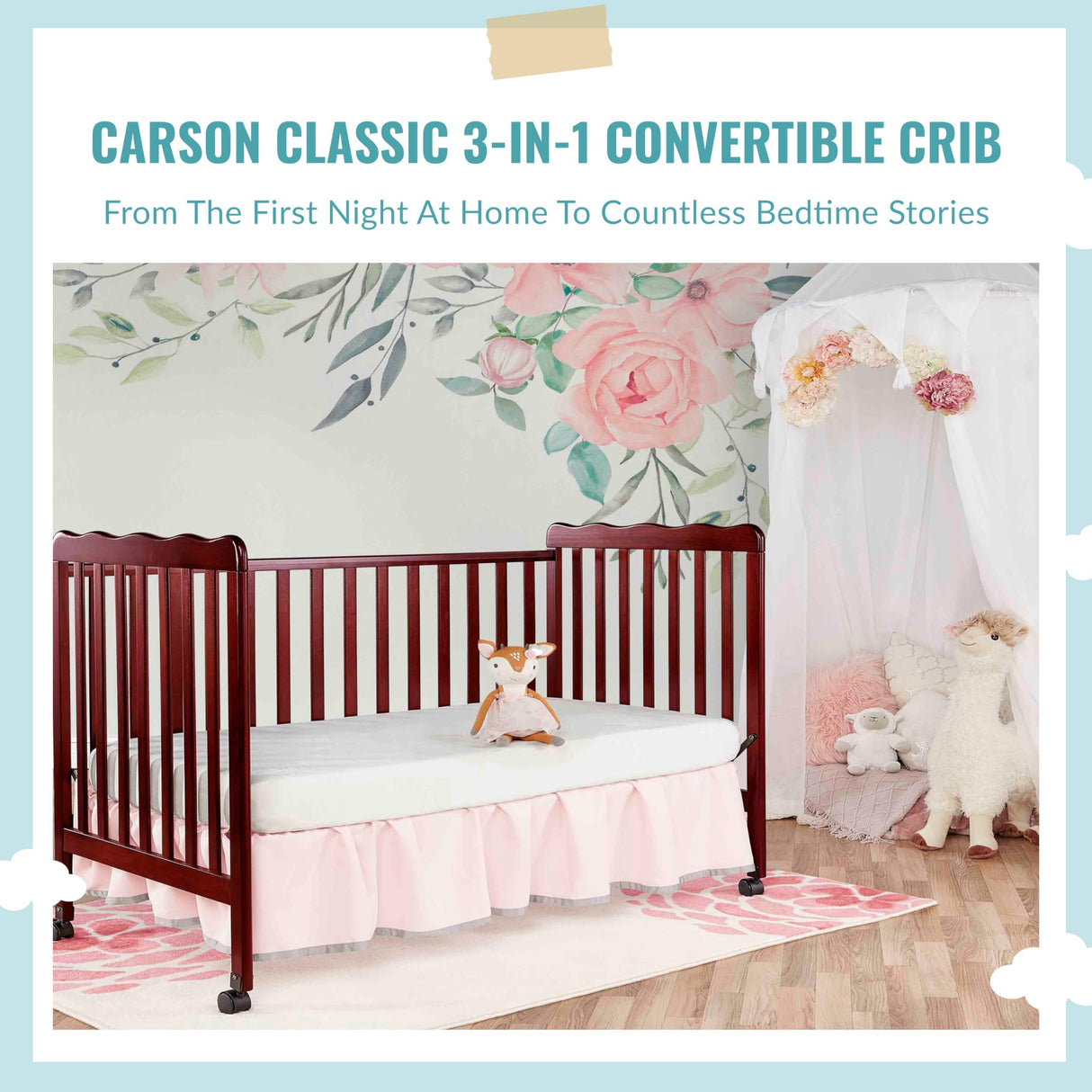 Carson Classic 3-In-1 Convertible Crib In Cherry, Made Of Sustainable Pinewood,