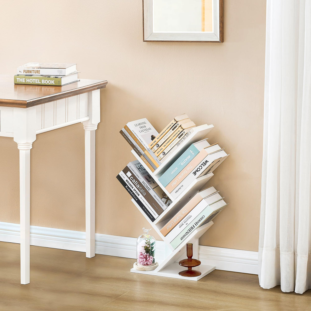 Hoctieon 4 Tier Tree Bookshelf, Small Bookcase, Free Standing Tree Bookcase, Bookshelf for Bedroom, Book Shelf Organizer, Small Bookshelf, White