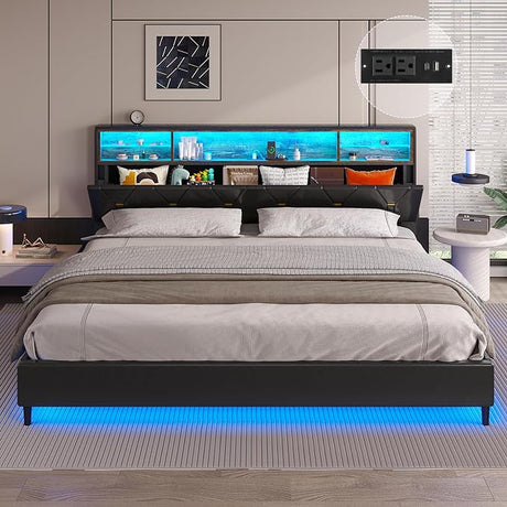 Queen Bed Frame with Storage Headboard and RGB LED Lights, PU Leather Platform Bed