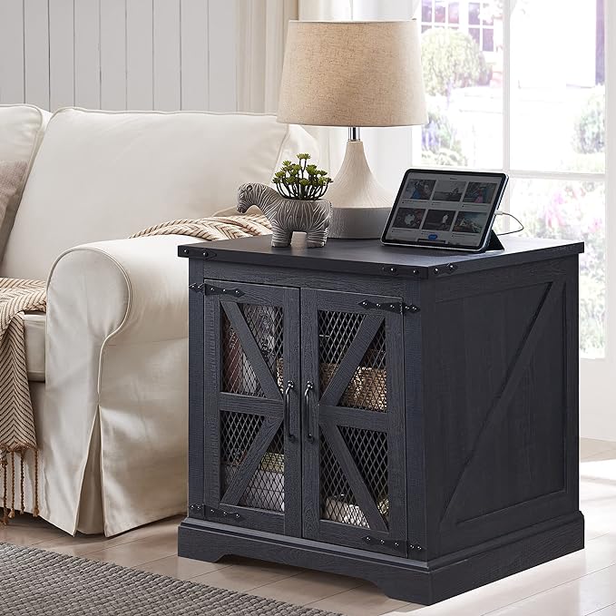 Farmhouse End Table, 24" Large Sofa Side Table with Charging Station, Mesh Barn Door