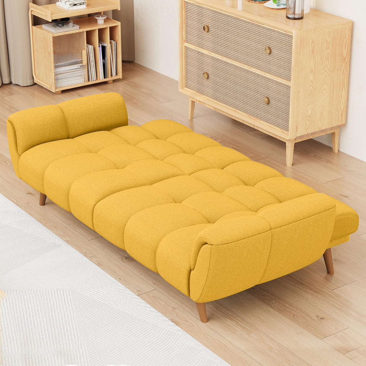 saows Futon Sofa Bed, Convertible 76.77" Modern Linen Futon Couch, Comfy Sleeper Sofa with Adjustable Backrests, Couch Bed for Small Spaces, Living Room, Bedroom, Apartment, Yellow