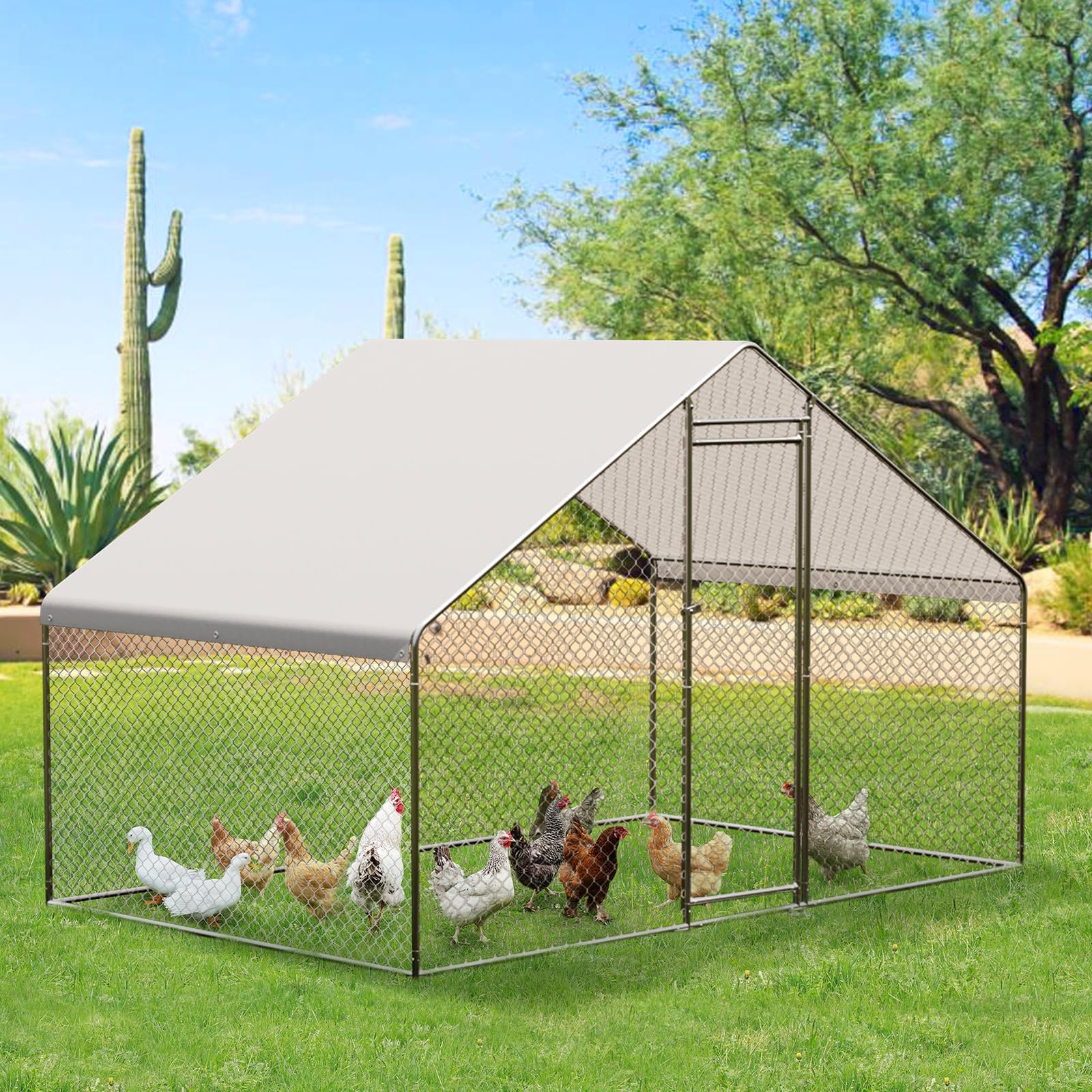 FeatherFort Metal Chicken Coop – PVC Mesh, Locking Door & UV Waterproof Roof