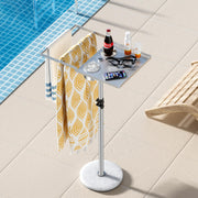 Pool Towel Rack Outdoor, 360° Swivel Table Tray with 2 Drink Holders, Outdoor Towel Rack