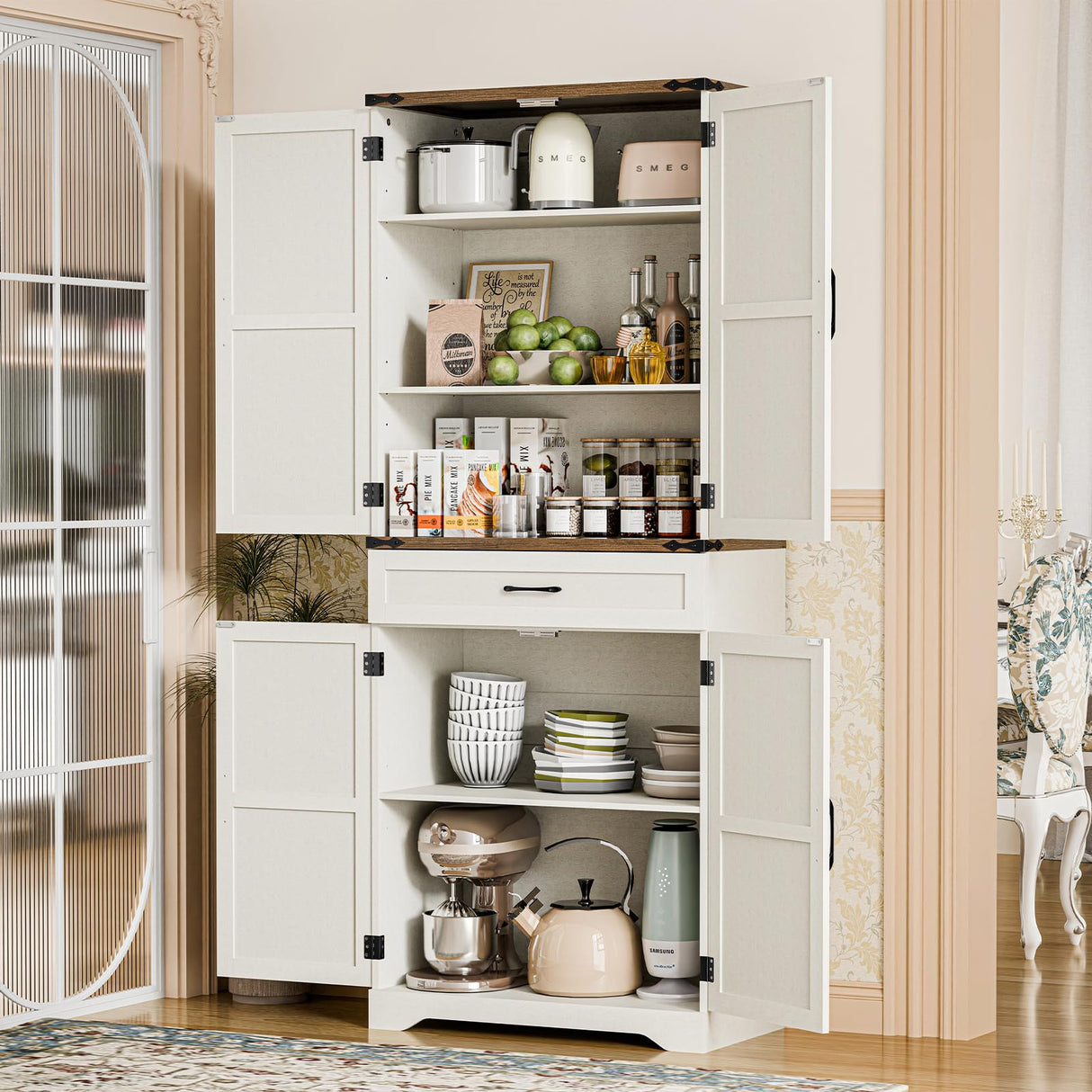 72" Tall Farmhouse Kitchen Pantry, Farmhouse Storage Cabinet with Adjustable Shelves, Large Capacity Storage Cabinet with Drawer,Freestanding Cupboard for Kitchen, Dining Room, Living Room, White