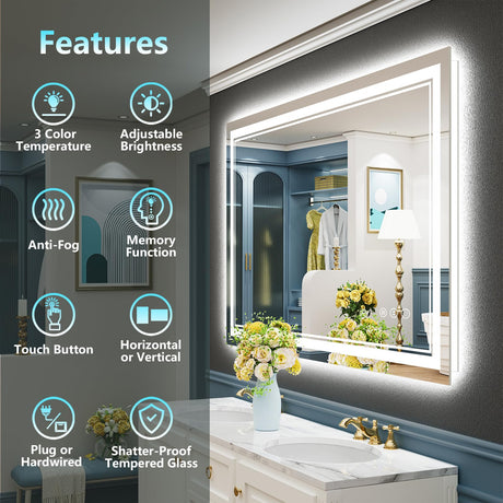 40x32 LED Mirror for Bathroom with Front and Backlit, Anti-Fog Lighted Vanity Mirror,