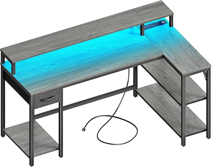 47 inch Reversible L Shaped Desk with LED Lights & Power Outlets